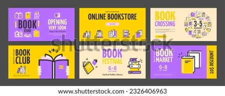 Bookstore, Club, Festival and Market Horizontal Placard Poster Banner Card Template Set. Vector illustration of Book Store