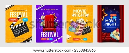 Cinema Festival and Movie Night Placard Poster Banner Card Template Set with Tickets, Clapper Board and Bucket of Popcorn. Vector illustration of Cinematography Event