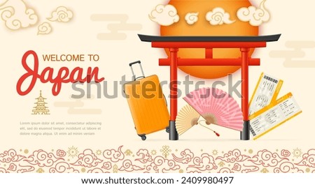 Realistic Detailed 3d Japan Travel and Tourism Ads Banner Concept Poster Card. Vector illustration of Famous Traditional Red Torii Gate