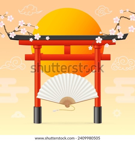 Realistic Detailed 3d Japan Travel and Tourism Concept Background. Vector illustration of Japanese Traditional Red Torii Gate and Blooming Sakura Branch with Flowers.