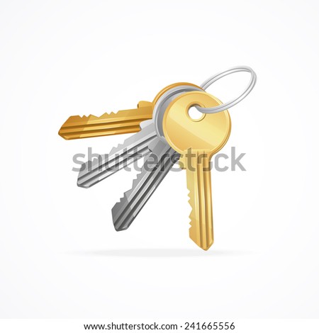 Vector Golden, silver, bronze, metal Keys bunch on white