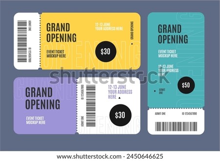 Realistic Detailed 3d Grand Opening Event Ticket Mockup Set on a Grey. Vector illustration of Tickets