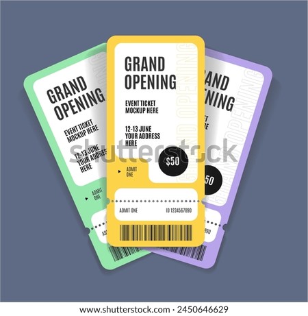 Realistic Detailed 3d Grand Opening Event Three Tickets Mockup Set. Vector illustration of Ticket Document Concept