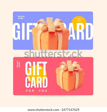 3d Gift Card Voucher Coupon Horizontal Set with Present Box Loyalty Program Concept Cartoon Design Style. Vector illustration