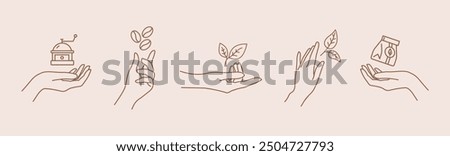 Female Hand with Coffee Beans and Tea Leaves Thin Line Icon Set. Vector illustration of Linear Icons