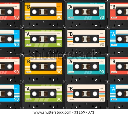 Cassette Tape Seamless Background, Old Technology, Realistic Retro Design. Vector illustration