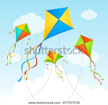Fly Kite and Clouds on a Blue Sky. Summer Background. Vector illustration
