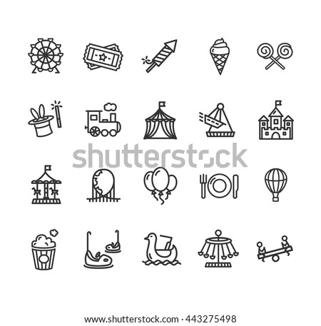 Amusement Park Outline Icon Set Isolated on White Background. Vector illustration