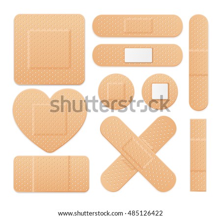 First Aid Band Plaster Strip Medical Patch Icon Set. Different Plasters Types. Vector illustration of cross, heart and box banners of patches