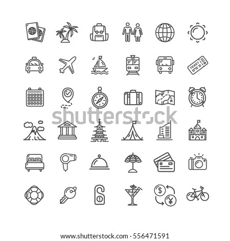 Travel and Tourism Icon Thin Line Set Pixel Perfect Art. Material Design for Web and App. Vector illustration