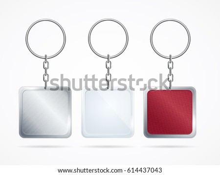 Realistic Metal and Plastic Keychains Set Square Designs Web Element. Vector illustration