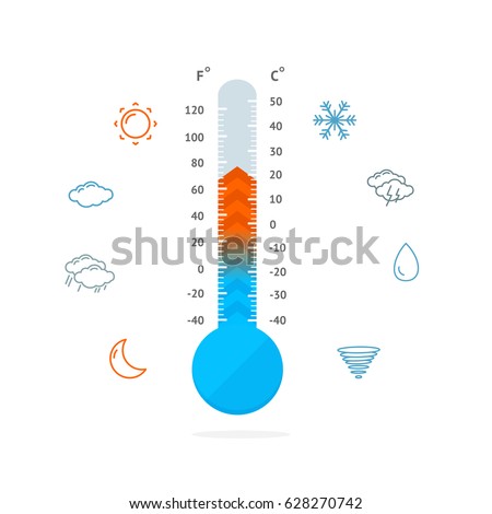 Meteorology Thermometer and Weather Outline Icons Measurement Temperature Symbol Hot or Cold Climate. Vector illustration