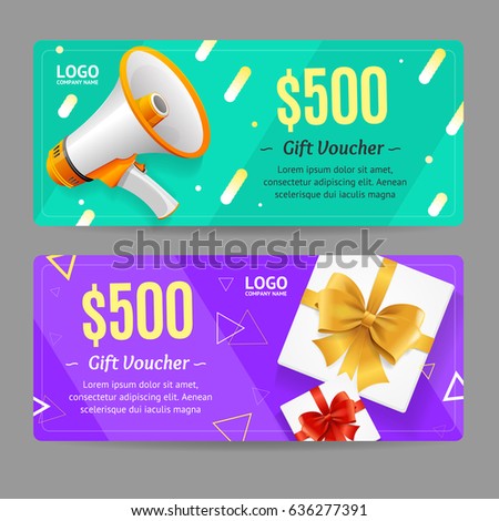 Gift Voucher Card Set Template Monetary Value Coupon with Megaphone and Present Box. Vector illustration