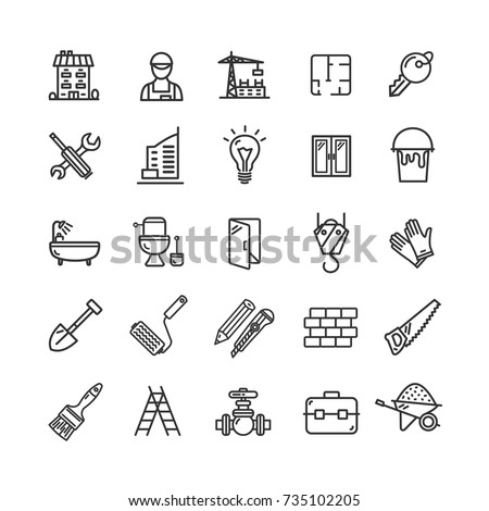 Building Construction Elements and Tools Black Thin Line Icon Set for Web and App Include of Roller Brush, Trowel, Shovel and Window. Vector illustration