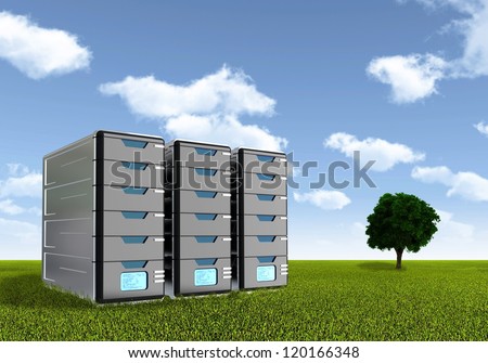 Computer Server on green grassland. A symbol of environmental friendly or green technology