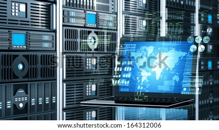 Visual  concept of an internet connected  laptop with server rack background doing virtually sophisticated data processing calculation.