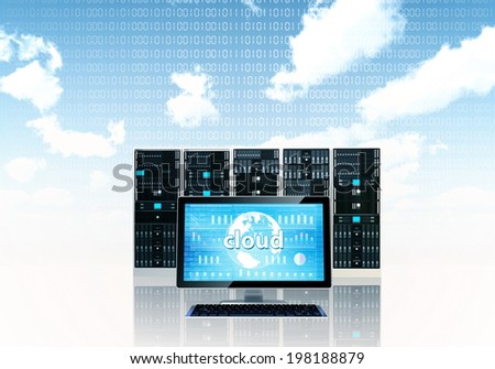Cloud server concept with a monitor screen and a server rack on behind