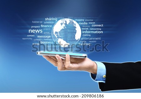 A businessman hand holding and showing the concept power of cloud computing internet technology in his hand