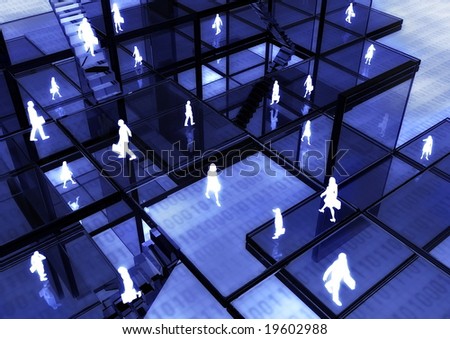 E-business concept illustrated with people doing activity in futuristic virtual world.