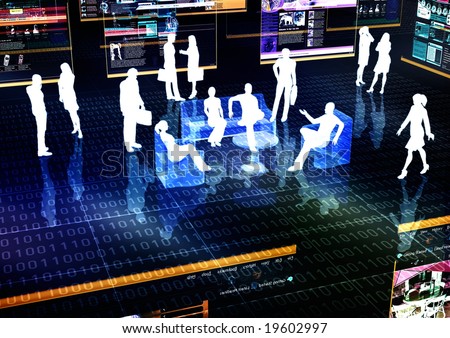 E-business meeting concept illustrated with people doing activity in futuristic virtual world.