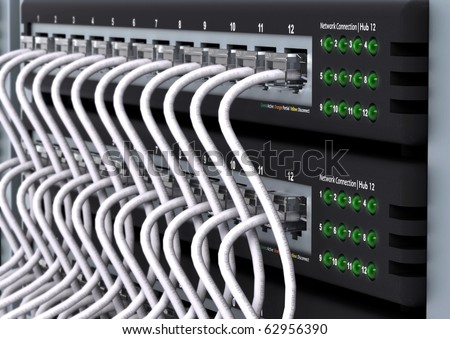 Local area network hub in close up shots