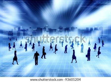 Concept of virtual world with many people doing business activity in virtual city inside the internet