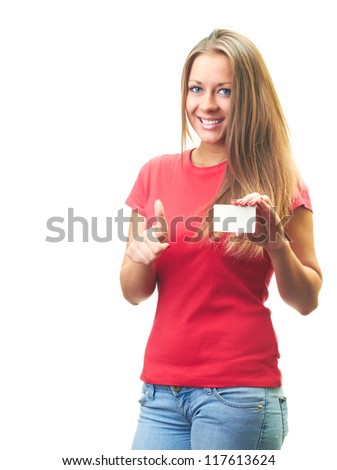 Attractive smiling young woman in a red shirt holds a poster in her left hand and the right hand showing thumbs up. Isolated on white background
