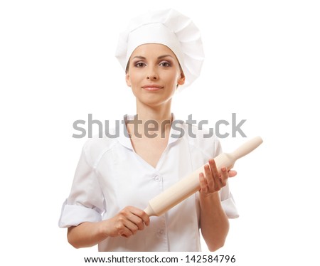 Baker / Chef woman holding baking rolling pin, isolated on white