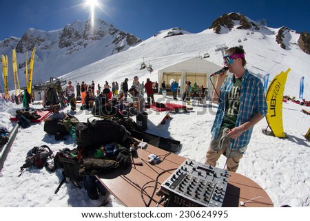 SOCHI, RUSSIA - MARCH 22, 2014: Party in the ski resort, MC entertains tourists