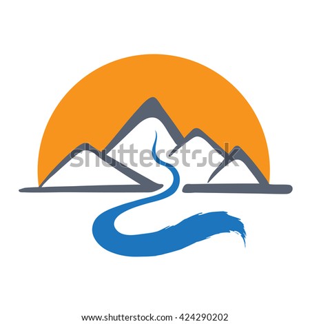 Mountain river and sun, vector logo illustration.