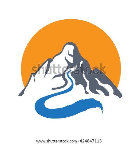 Mountain river and sun, vector logo illustration.