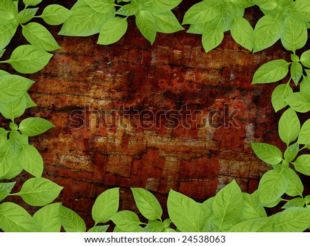 Old Cracky Wooden Background With Green Leaves Frame Stock Photo ...