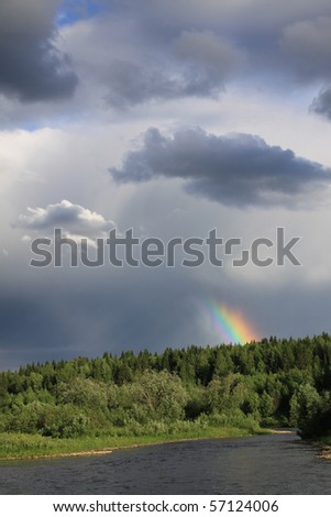 forest, clouds and rainbow