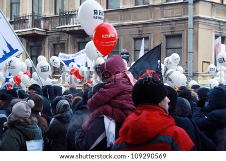 ST. PETERSBURG, RUSSIA - FEBRUARY 04: Protest meeting against unfair elections with the participation of representatives of different political parties on February 04, 2012 in St. Petersburg, Russia
