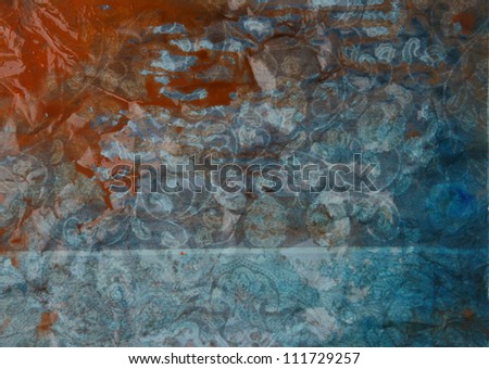 Paper with gray, orange, and blue paint abstract. Abstract border frame with vintage background texture design, luxurious paper or grunge wallpaper
