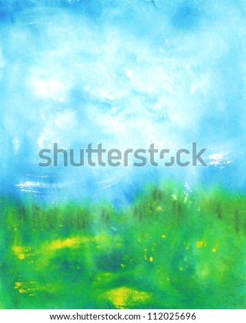 Abstract hand drawn watercolor background: summer landscape with blue sky, green grass and small yellow flowers. Great for textures, vintage design, and luxurious wallpaper