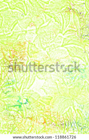 Abstract textured background: green floral patterns on white backdrop. For art texture, grunge design, and vintage paper / border frame