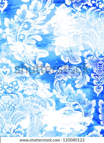 Abstract textured background: white floral patterns on blue backdrop. For art texture, grunge design, and vintage paper / border frame