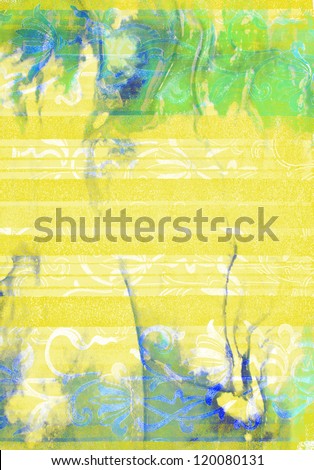 Abstract textured background: blue, green, and white floral patterns on yellow backdrop. For art texture, grunge design, and vintage paper / border frame