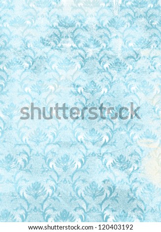 Abstract textured background: white floral patterns on blue sky-like backdrop. For art texture, grunge design, and vintage paper / border frame