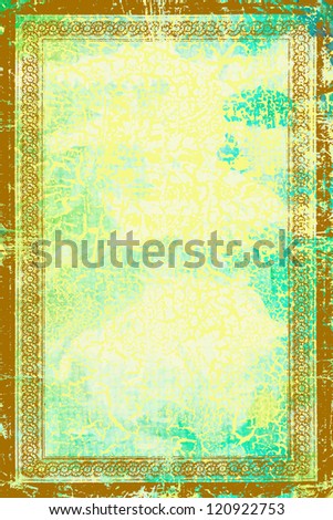 Elegant vintage brown border frame: abstract textured background with blue, green, and  yellow patterns. For art texture, grunge design, and old paper