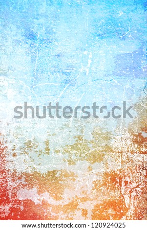 Abstract textured background: blue, yellow, and red patterns on old scratched wall. For art texture, grunge design, and vintage paper / border frame