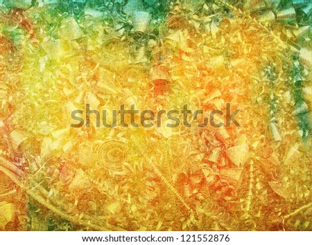 Abstract textured background with grunge style metal details: red, yellow, and green patterns. For art texture, grunge design, and vintage paper / border frame