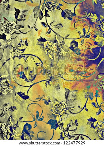 Abstract textured background with blue and floral brown patterns on yellow backdrop. For art texture, grunge design, and vintage paper / border frame