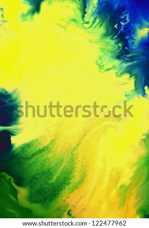 Abstract textured background with green, blue, and brown patterns on yellow backdrop. For art texture, grunge design, and vintage paper / border frame
