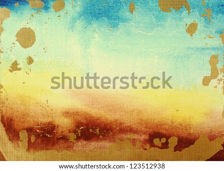 Abstract watercolor textured background: summer-themed landscape with yellow, blue, brown, and white patterns. For art texture, grunge design, and vintage paper / border frame
