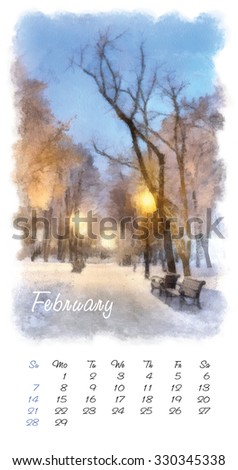 painting calendar with beautiful landscape. February 2016