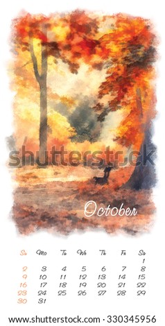 painting calendar with beautiful landscape. October 2016