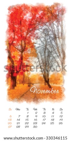 painting calendar with beautiful landscape. November 2016