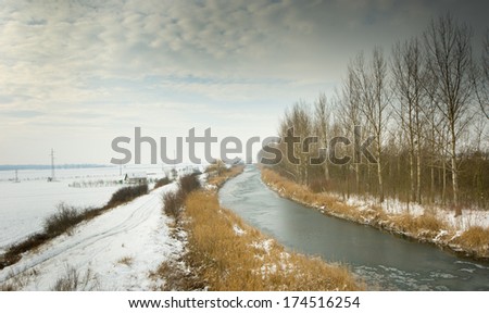Winter landscape of small river in plains with ice and snow
